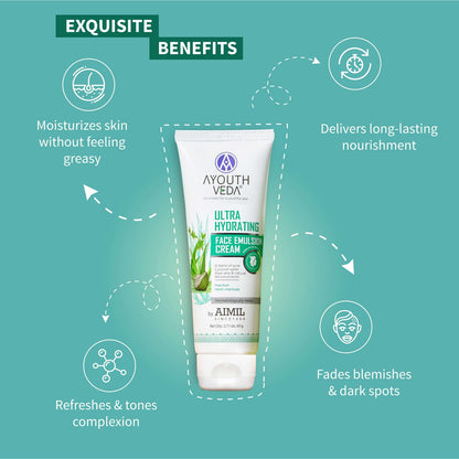 Ayouthveda Ultra Hydrating Face Emulsion Cream | Natureâ€™s Goodness for 24 hours Hydration | Moisturizes, Tones, and Brightens Skin | Prevent Dark spots, Blackheads and Blemishes | With Coconut Water, Aloe Vera, and Green Tea - (Pack Of 1; 60G)