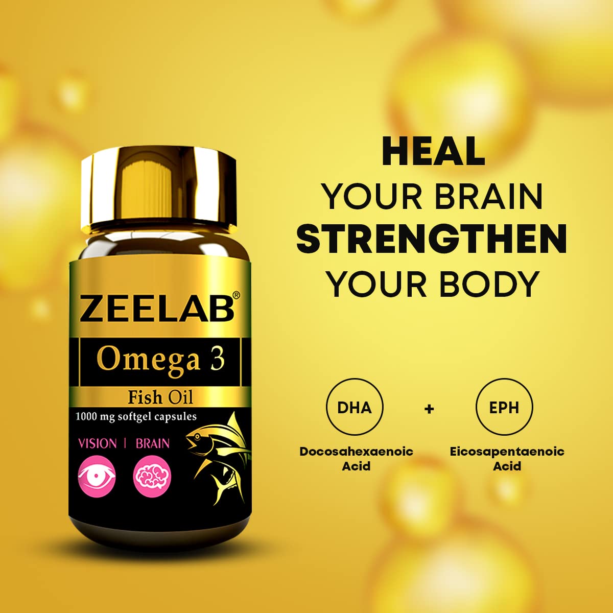 Zeelab Omega 3 Fish Oil Capsules with EPA & DHA â€“ Supports Heart, Brain, Eye, Joint Health â€“ Helps Maintain Cholesterol & Triglyceride Levels â€“ For Men & Women â€“ 1000mg Softgels