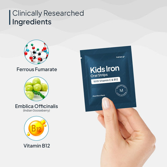 Miduty by Palak Notes Kids Iron Strips for Kids - Dissolvable Strips for better Iron absorption - Energy Boost - Iron Supplement with Vitamin C & Vitamin B12 - Mixed Berry Flavour - 30 Oral Strips