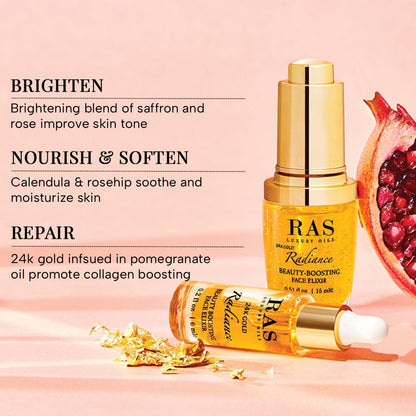 RAS Luxury Oils 24K Gold Radiance Elixir Face Serum for Glowing Skin, Skin Brightening, Reduce Wrinkles, Acne, Dark Spots, Natural & Organic