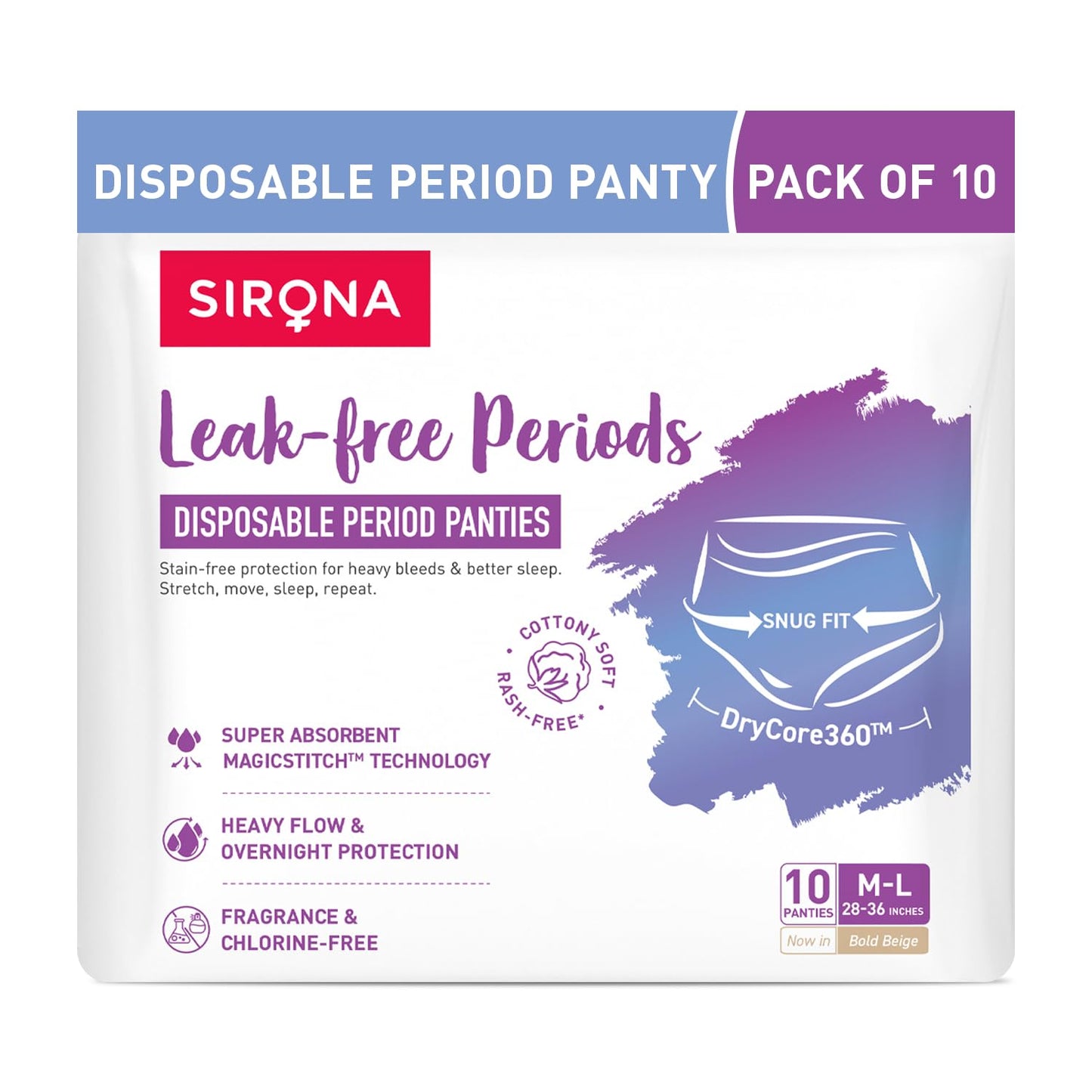 Sirona Disposable Period Panty for Girls & Women | M-L | Pack of 10 | 360Â° Coverage for Stress Free Periods | Leakage Protection for Heavy Flow | Rash Free | Super Absorbent with Comfortable Fit