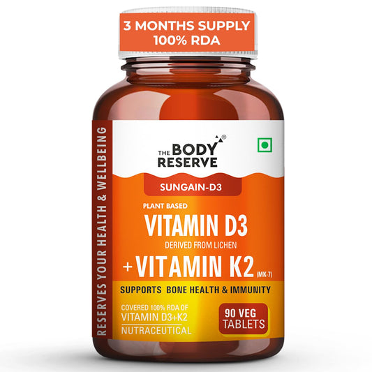 The Body Reserve Vitamin D3 K2 MK7-90 Veg Tablets, 100% RDA Plant-Based Vitamin D3 Supplement from Lichen Source with Vitamin K2 as MK7 Menaquinone