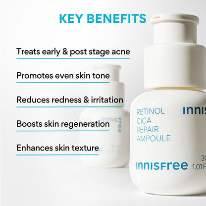Innisfree Retinol Cica Repair Ampoule 30ml with Hyaluronic Acid, Korean Face Serum for Reducing Skin Blemishe, Improving Skin texture, Nourishing & Revitalizing, Hydrating, Soothing, & Strengthening