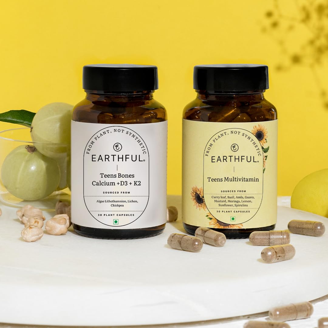 Earthful Multivitamin for Teen | 100% Plant Not Synthetic | With Vit C, D & Calcium for Complete Nutrition for Growth, Immunity & Strong bones | 30 Iron & 30 Calcium Tablets - 30 Day Pack