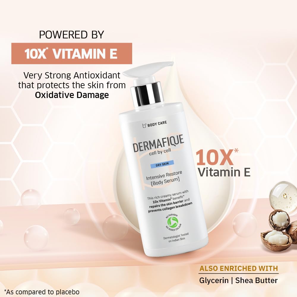 Dermafique Intensive Restore Body Lotion Serum with 10X Vitamin E benefit 300ml, Body Lotion for Dry Skin, Suitable for Winters & 100 hour Deep moisturisation, Moisturizer for Body | Dermatologist Tested