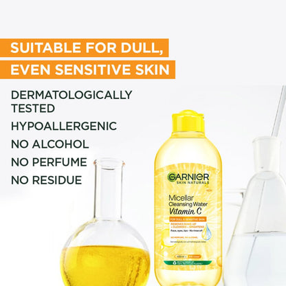 Garnier Vitamin C Micellar Cleansing Water For Dull Skin | Make-Up Remover & Cleanser - Removes makeup, dirt & impurities & Brightens Skin | Just Pour, Press & Swipe | 125ml