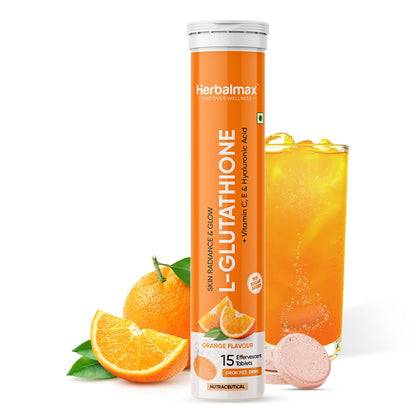 Herbal Max Glutathione Effervescent Tablets â€“ 15N Packed with Vitamin C, Hyaluronic Acid & Biotin to Support Healthy Hair, Skin & Nails for a Natural Glow & Boost Hydration (Pack of 1, Orange)