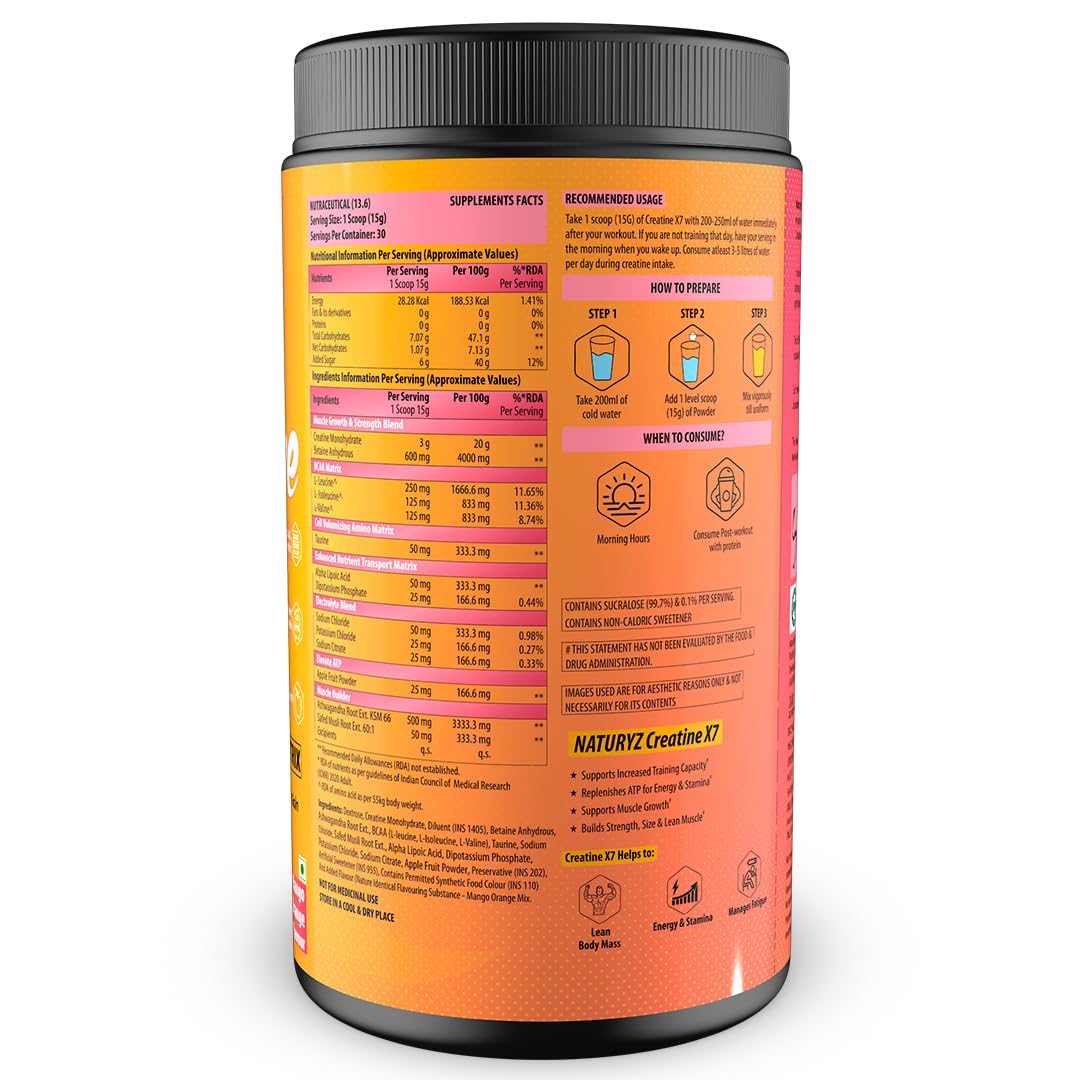 NATURYZ Creatine X7 Pure Micronized Creatine Monohydrate Post Workout drink | Rapid Absorption with Aminos | BCAA | ATP Transport Matrix | Muscle Growth & Strength | Power of 7 Blends | Muscle Builder- 450g(Mango Orange)