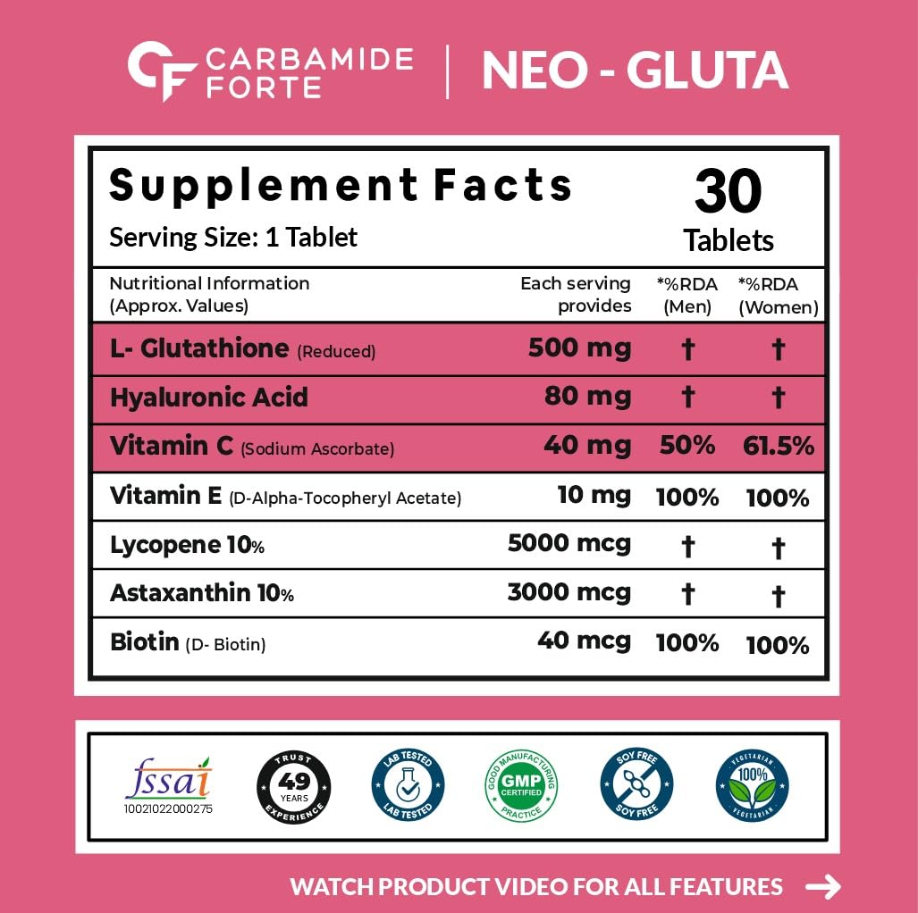 Carbamide Forte Japanese Reduced L Glutathione Tablets 500mg with Vitamin C | Glutathione Supplement with Hyaluronic Acid, Vitamin E, C, Lycopene & Biotin â€“ 30 Veg Tablets