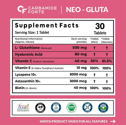 Carbamide Forte Japanese Reduced L Glutathione Tablets 500mg with Vitamin C | Glutathione Supplement with Hyaluronic Acid, Vitamin E, C, Lycopene & Biotin â€“ 30 Veg Tablets