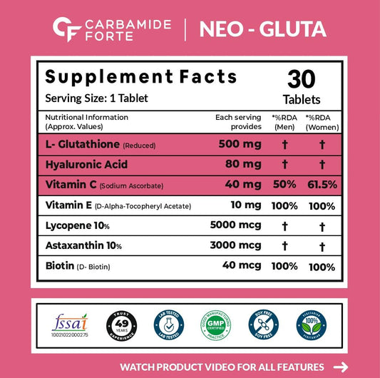 Carbamide Forte Japanese Reduced L Glutathione Tablets 500mg with Vitamin C | Glutathione Supplement with Hyaluronic Acid, Vitamin E, C, Lycopene & Biotin â€“ 30 Veg Tablets