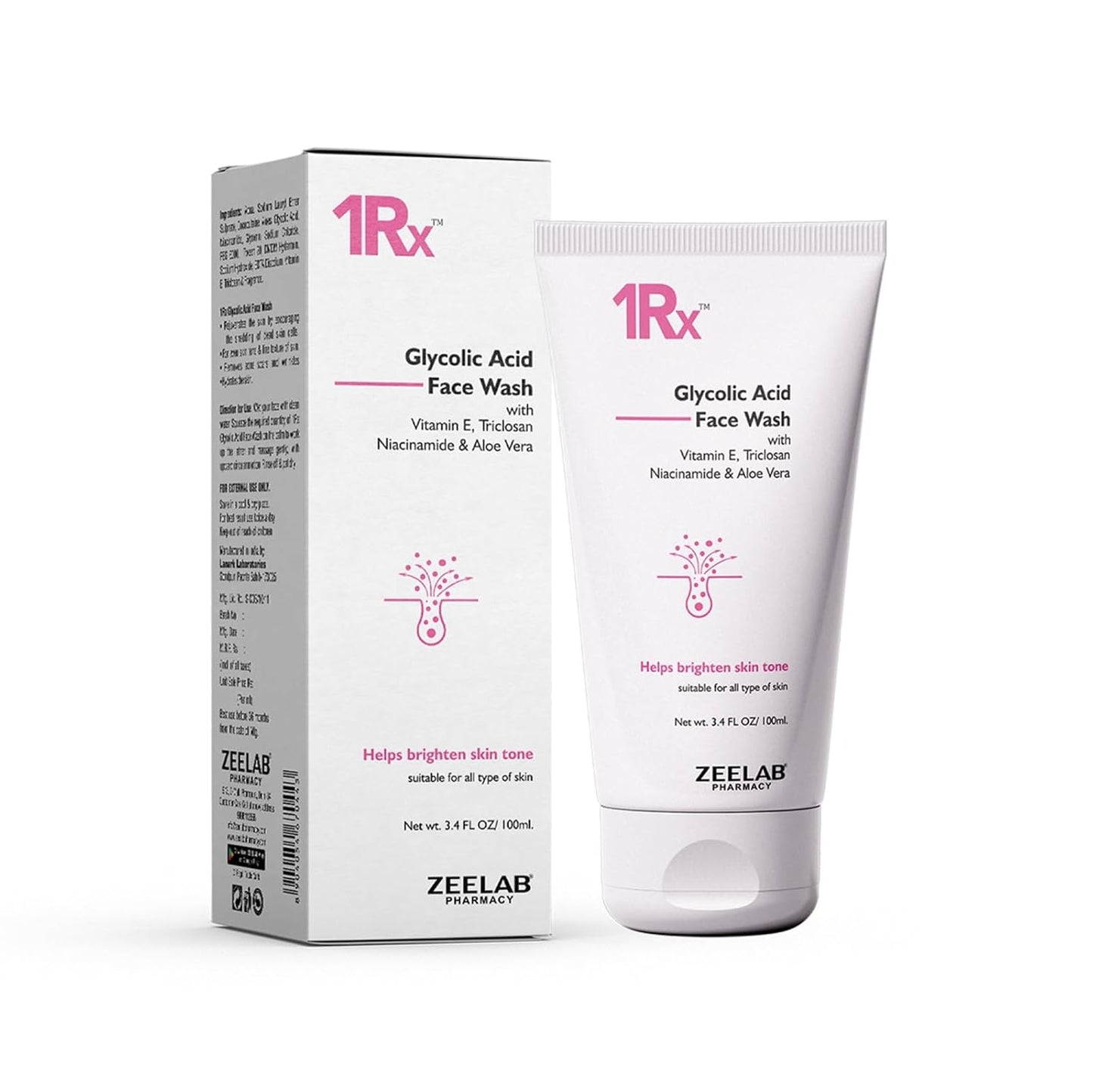 Zeelab 1RX Glycolic Acid Face Wash 100gm | Exfoliating & Brightening Cleanser | With Aloe Vera, Niacinamide & Vitamin E | Removes Dead Skin, Controls Oil & Helps Improve Skin Texture | For Men & Women