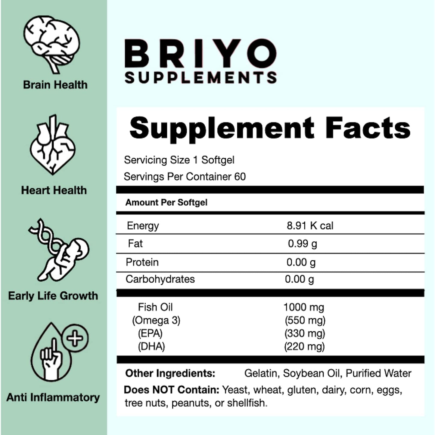 Briyosis Fish Oil 1000 mg (550 mg Omega 3) - 330 mg EPA & 220 mg DHA Per Softgel For Heart and Brain Health