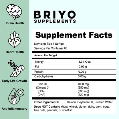 Briyosis Fish Oil 1000 mg (550 mg Omega 3) - 330 mg EPA & 220 mg DHA Per Softgel For Heart and Brain Health