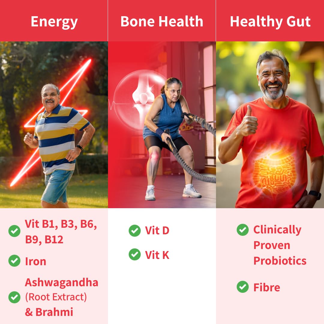 Good Monk Healthy 50+ Multivitamin for Senior Men & Women | For Energy, Bone & Gut Health | With Probiotics, Fibre, Ashwagandha, Vit. B12, C, D, Iron, Zinc | Add To Food - No Taste Change | 30 Sachets