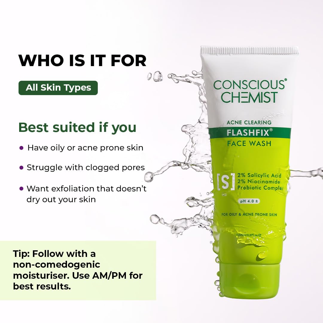 Conscious ChemistÂ® 2% Salicylic Acid Face Wash | 100ml | Face Wash for Oily & Acne Prone Skin for Men & Women, Glycolic Acid & CICA Extract, For Glowing & Radiant Skin, Vegan & Cruelty Free - Flashfix