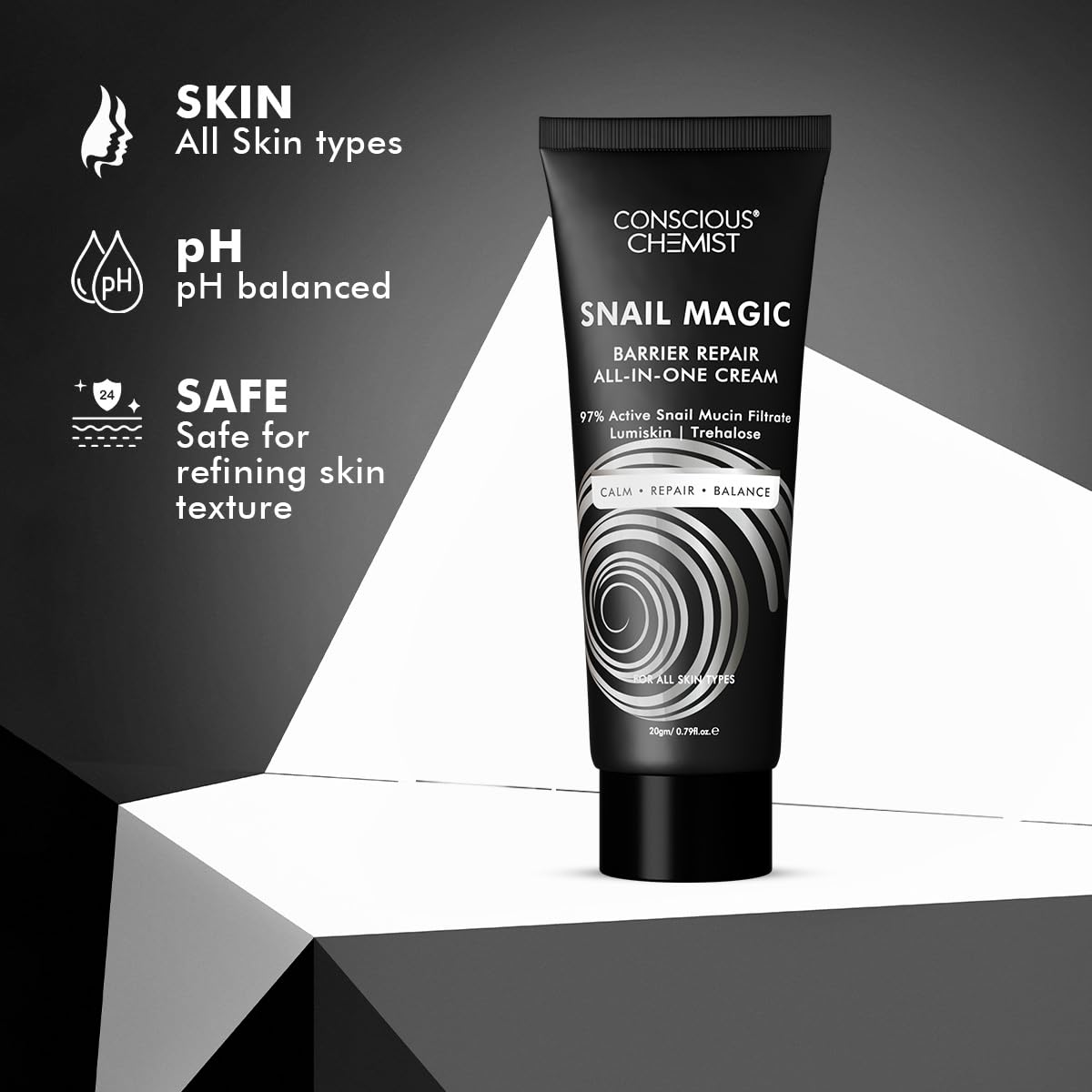 Conscious ChemistÂ® Snail Mucin Moisturizer | 20g | Face Cream for Men & Women, Skin Barrier Repair Moisturizer, Daily Gel Cream with Korean Snail Mucin Extract, All Skin Type - Snail Magic