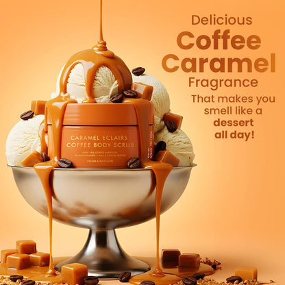 mCaffeine Caramel Eclairs Coffee Body Scrub for Removing Tan & Dead Skin| 10% Coffee Grounds, AHA- Glycolic & Lactic Acid | Smooth, Soft & Bright Skin| Sweet Caramel Fragrance - 175g
