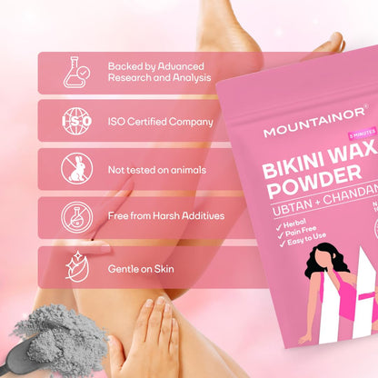 MOUNTAINOR Bikini Wax Powder, Painless Non Strips 10 Min for Women with Chandan & Aloevera | Herbal Hair Removal Easy to use at home, No Harmful Chemicals, No Irritation, No Skin Rashes - 100 gm