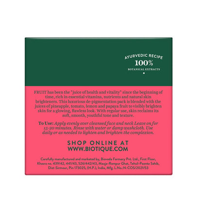 Biotique Fruit Brightening Depigmentation and Tan Removal Face Pack| Ayurvedic and Organically Pure| Tan Removal Face Pack for All Skin Types|100% Botanical Extracts| 75gm