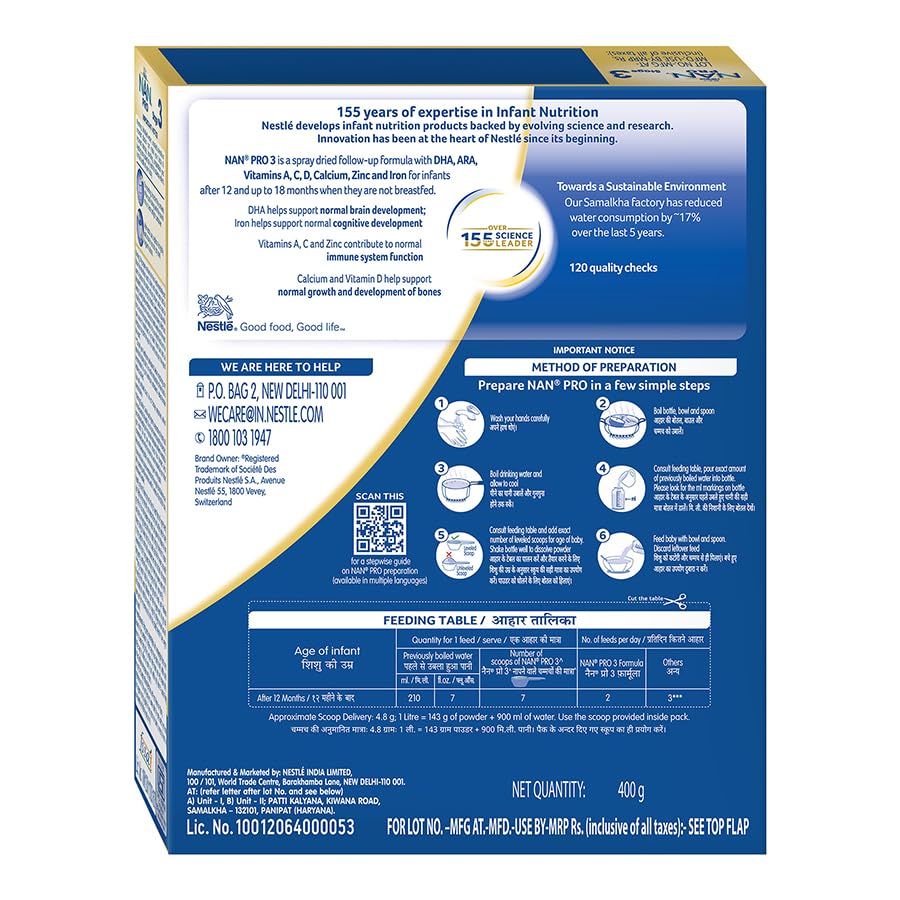 NestlÃ© NAN PRO 3 Follow-Up Formula-Powder After 12 months, Up to 18 months, Stage 3, 400g Pouch in Box