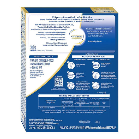 NestlÃ© NAN PRO 3 Follow-Up Formula-Powder After 12 months, Up to 18 months, Stage 3, 400g Pouch in Box