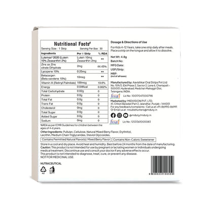 Miduty Kids Vision Improvement Strips- Lutemax 2020- Lutein- Zeaxanthin-Astaxanthin- Beta Carotene- Eye Care- Improve Eyesight- Reduce Eye strain - Support Clear Vision- 30 strips