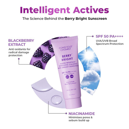 Conscious ChemistÂ® Sunscreen SPF 50 PA++++ In-Vivo Tested | 20g | For Oily Skin, Gel Sunscreen, Niacinamide Sunscreen with Black Berry Extract, Hybrid Lightweight, Water Resistant, All Skin Types - Berry Bright
