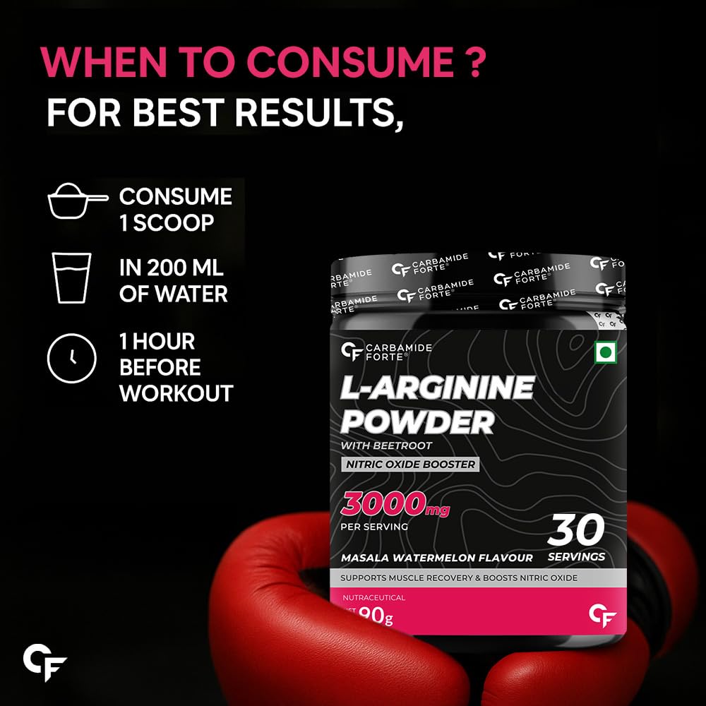 Carbamide Forte L Arginine Powder Supplement 3000mg | Pre-workout for men & women | L Arginine Supplement | Beet Root Powder - Masala Watermelon Flavour - 90g