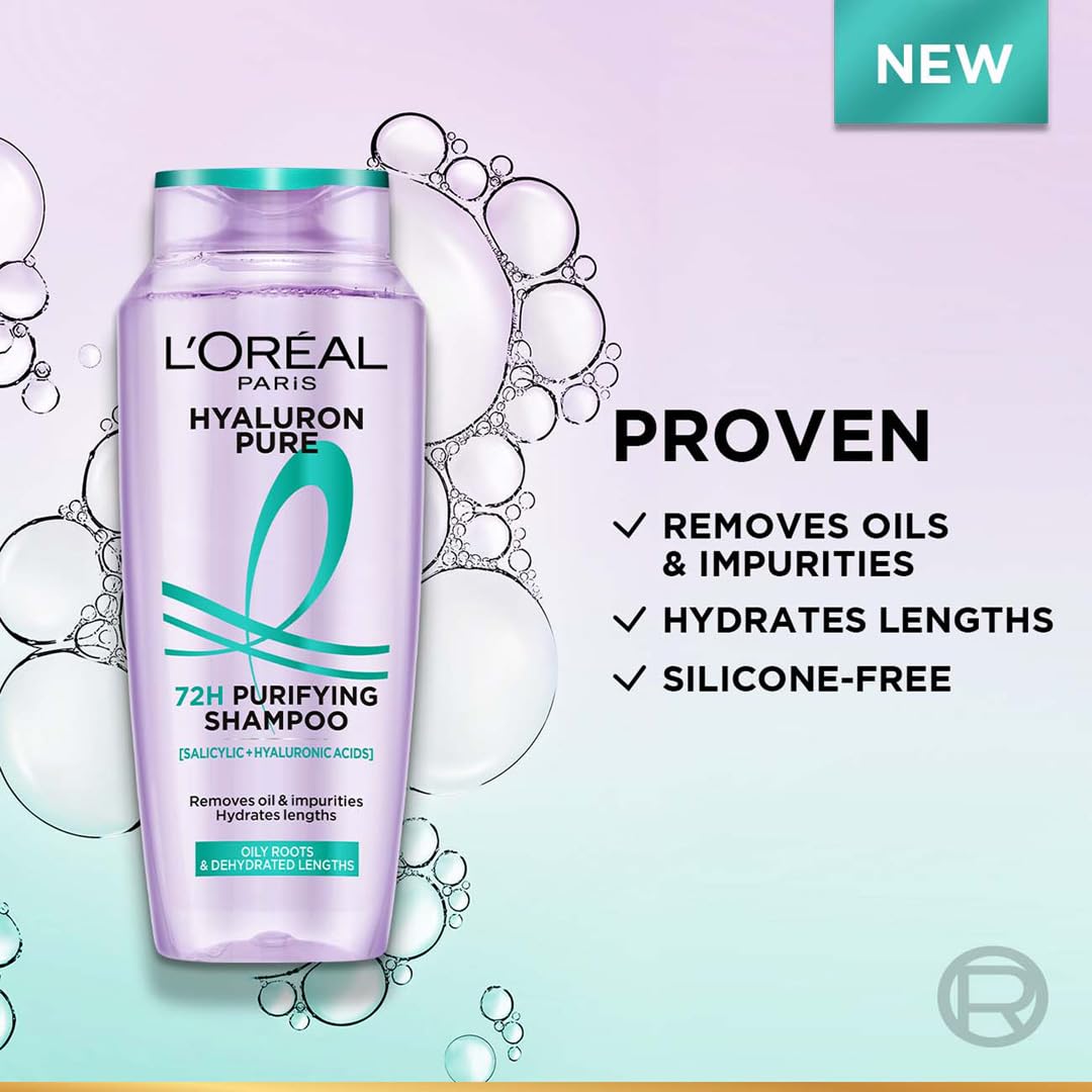 Lâ€™OrÃ©al Paris Hyaluron Pure 72H Purifying Shampoo, For oily scalp & dry hair with salicylic and hyaluronic acid, 200 ml
