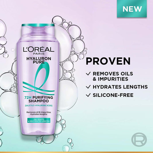 Lâ€™OrÃ©al Paris Hyaluron Pure 72H Purifying Shampoo, For oily scalp & dry hair with salicylic and hyaluronic acid, 200 ml