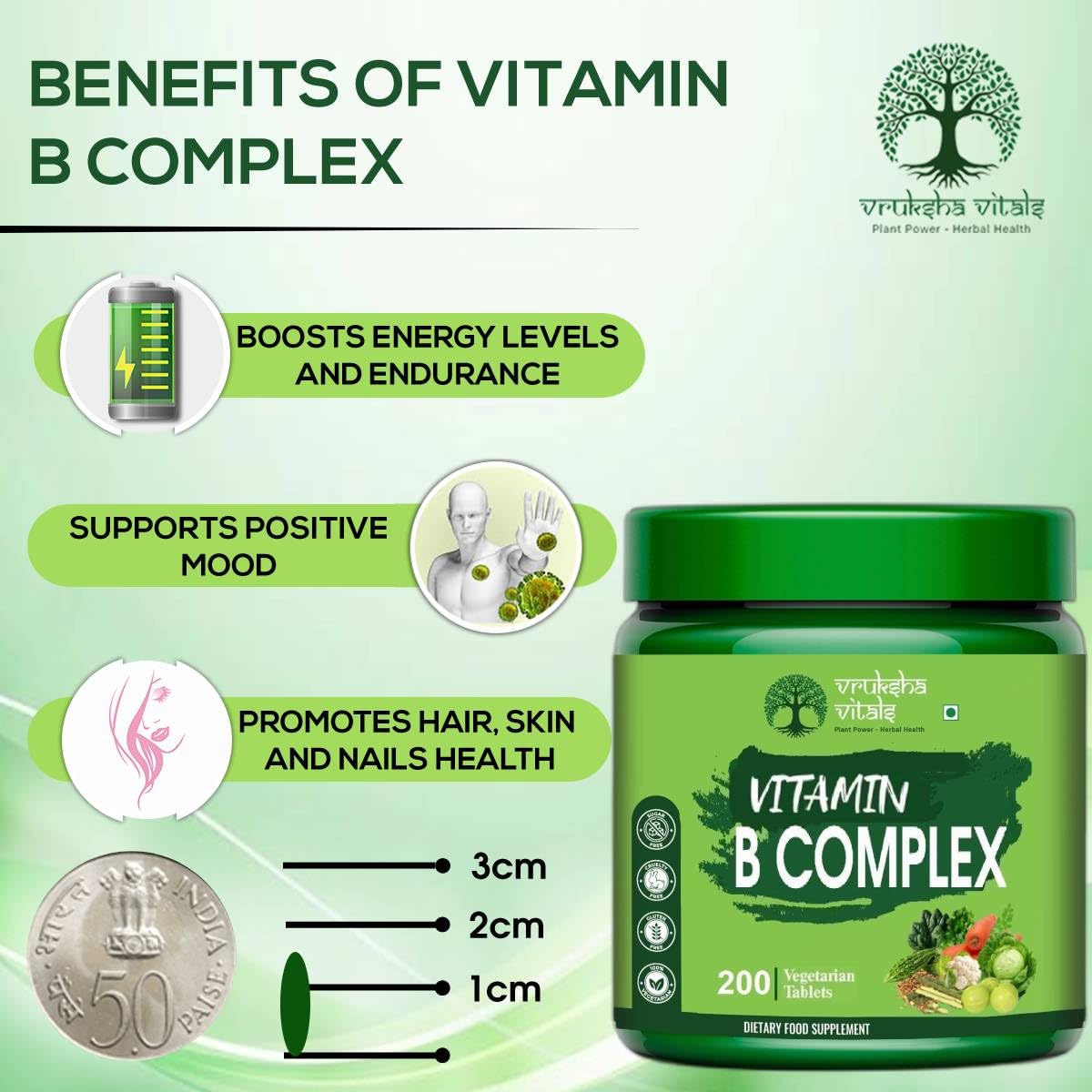 Vruksha Vitals Vitamin B Complex 100% RDA - 200 Tablets/Capsules - B Vitamins Supplement (B1, B2, B3, B5, B6, B7, B9, B12) (With Mecobalamine)