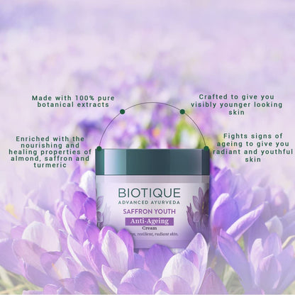 Biotique Bio Saffron Dew Youthful Moisturizer | Protects Skin Cells | Prevents Ageing and Retains Youthful Glow | 100% Botanical Extracts | Suitable for All Skin Types | 50g