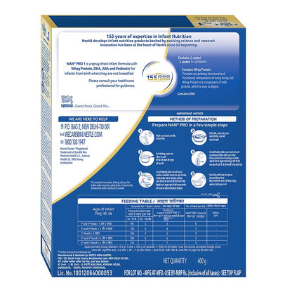 NestlÃ© NAN PRO 1 Infant Formula with Probiotic (Up to 6 months), Stage 1-400g Pouch in Box