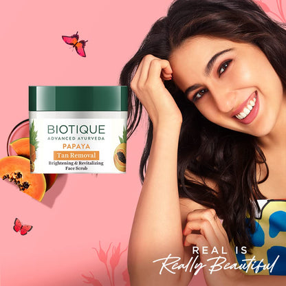 Biotique Papaya Tan Removal Brightening & Revitalizing Face Scrub | Gentle Exfoliation | Smooth and Clear Complexation | 100% Botanical Extracts| Suitable for All Skin Types | 75g