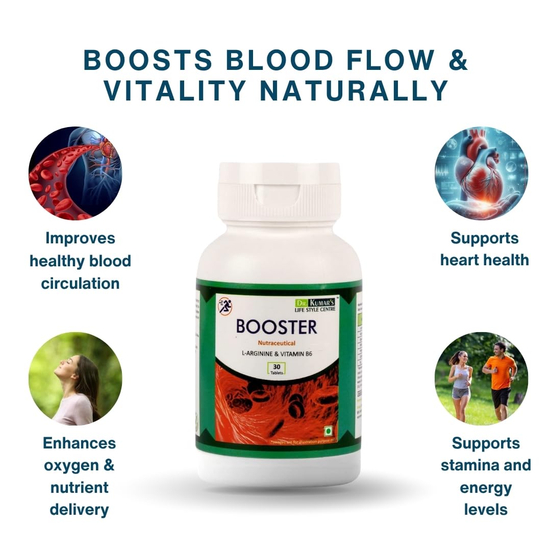 DR. KUMAR'S LIFESTYLE CENTRE Booster Nitrogen L-Arginine Tablets | HCL & Vitamin B6 | Support Healthy Blood Circulation | Health Supplement | 30 Tablets | 1000mg