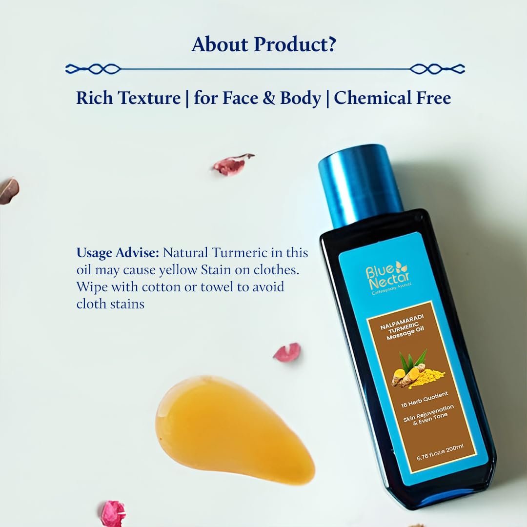 Blue Nectar Nalpamaradi Thailam Skin Brightening Treatment Oil | Plant Based Body Oil and Face Oil for Glowing Skin Infused with Turmeric, Amla and Manjistha (16herbs, 100ml)