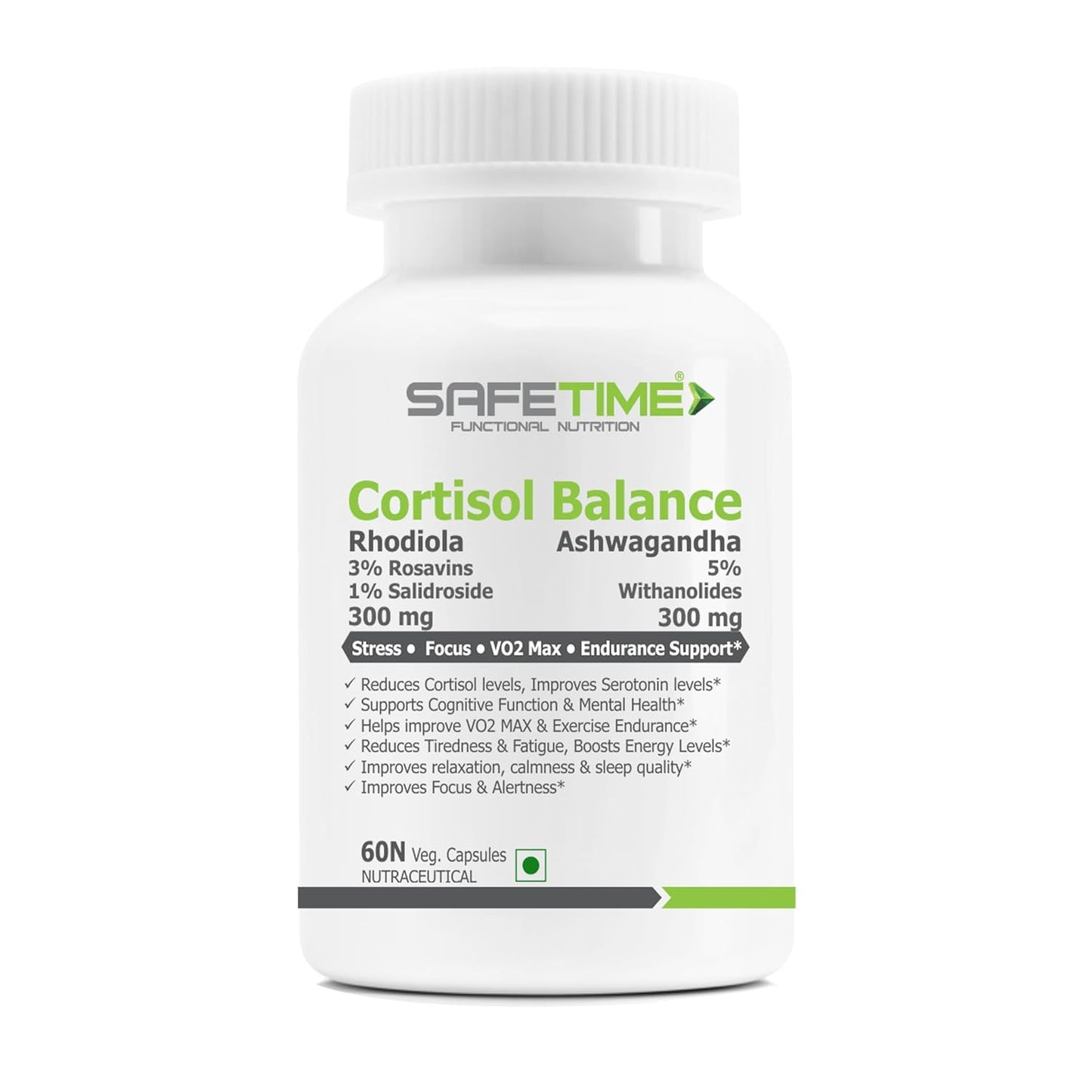 CORTISOL BALANCE Bioactive Rhodiola & Ashwagandha Stress, Focus, Energy VO2 Max (60 Veg Capsules) (Pack of 1)