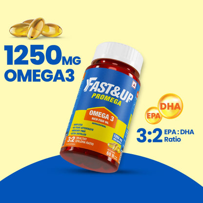 Fast&Up Promega with Double Strength 1250 mg Omega-3 Rich Fish Oil (60 Capsules) | High 375 mg EPA & 250 mg DHA ratio (3:2) For Heart, Eyes, Joints & Brain Health | No Fishy Aftertaste, Smell or Burps