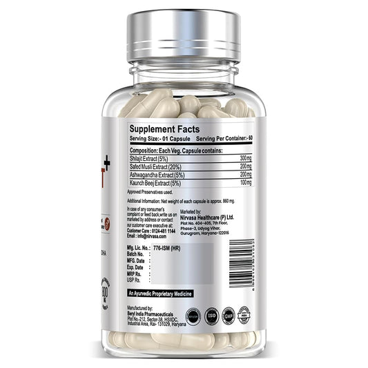 Nirvasa Pure Shilajit/Shilajeet (800mg) 60 Capsules | Boost Strength, Stamina, Energy & Immunity | Supports Vitality, Performance & Muscle Growth | Ashwagandha, Safed Musli & Kaunch Beej