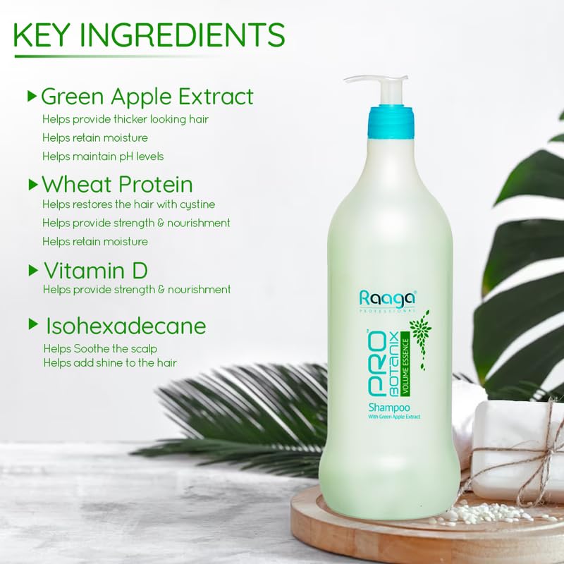 Raaga Professional Pro Botanix Volume Essence Shampoo with Green Apple Extract | Strengthens Hair, Provides Thicker Looking Hair | Suitable For Men & Women (1000 ml)