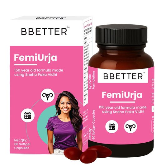 BBETTER FemiUrja | Ayurvedic Menstrual Health Support with Saptasaram Ghrutham â€“ Hormonal Balance, PMS Relief & Digestive Support â€“ 60 Softgels