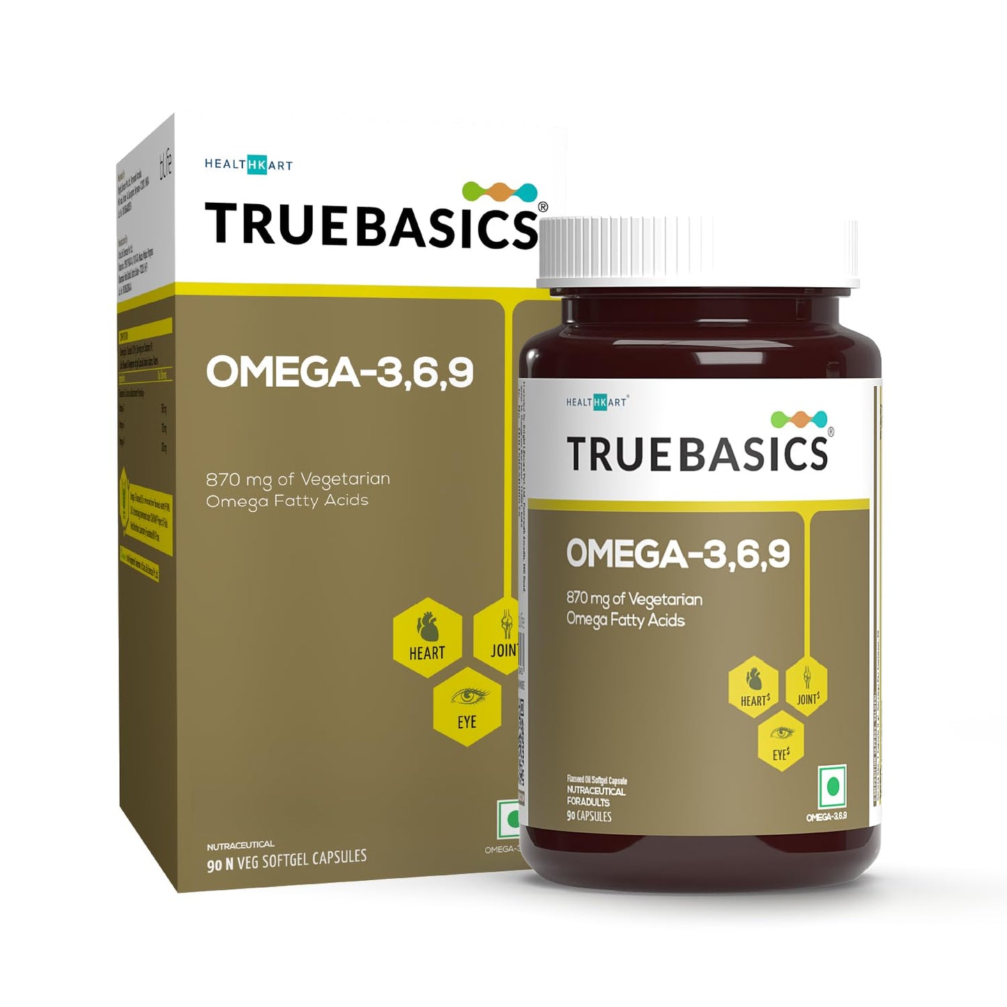 TrueBasics Omega-3,6,9 (90 Capsules) | 870mg of Vegetarian Omega Fatty Acids | With Clinically Researched Ingredient | For Healthy Heart, Hair, Skin, Joints, Brain, & Eyes, 190 grams