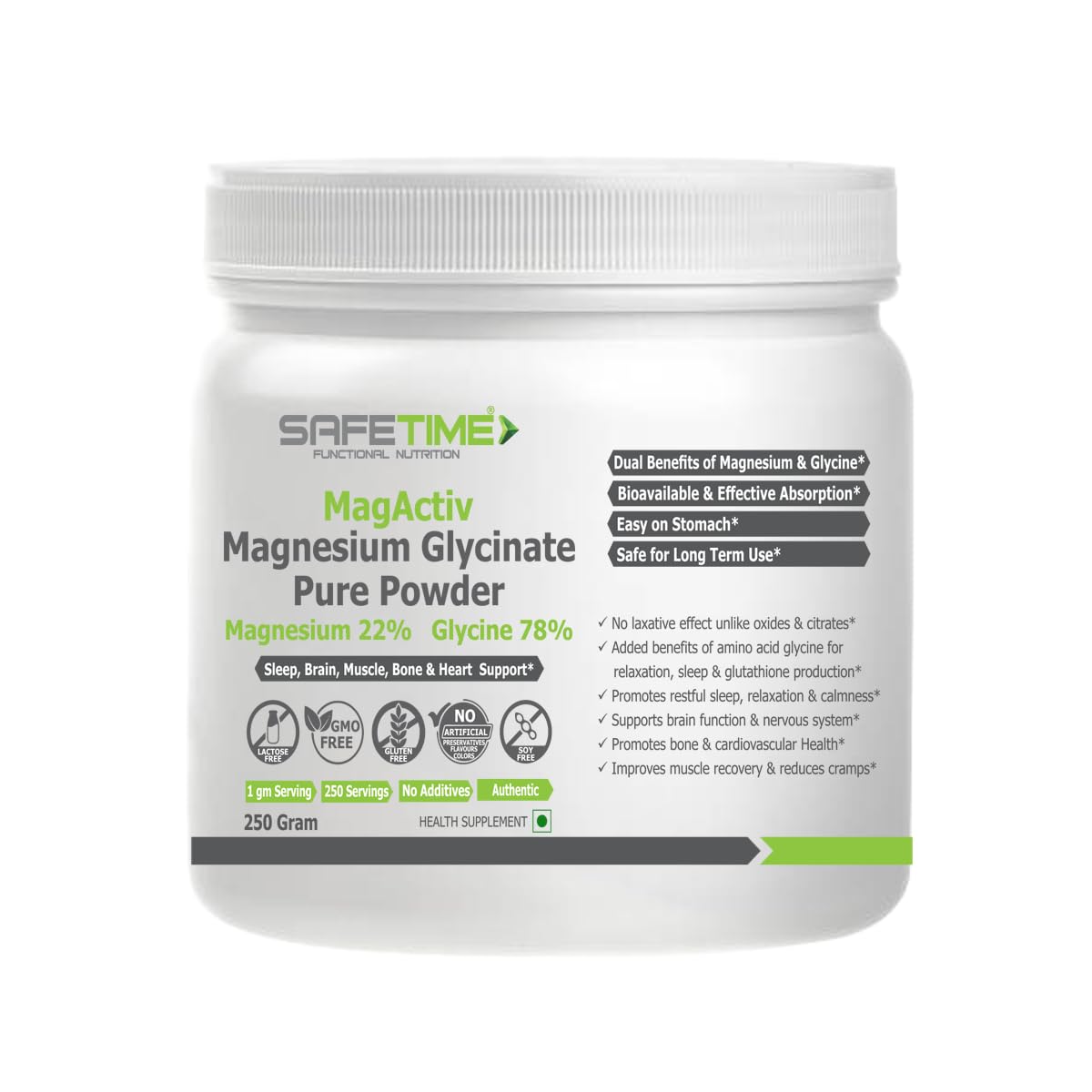 MagActiv MAGNESIUM GLYCINATE PURE POWDER 250 GRAM, 22% Magnesium 78% Glycine, Heart, Sleep, Bone,Metabolism, Migraine, Relaxation, Stress Support (250 gram) (Pack of 1)