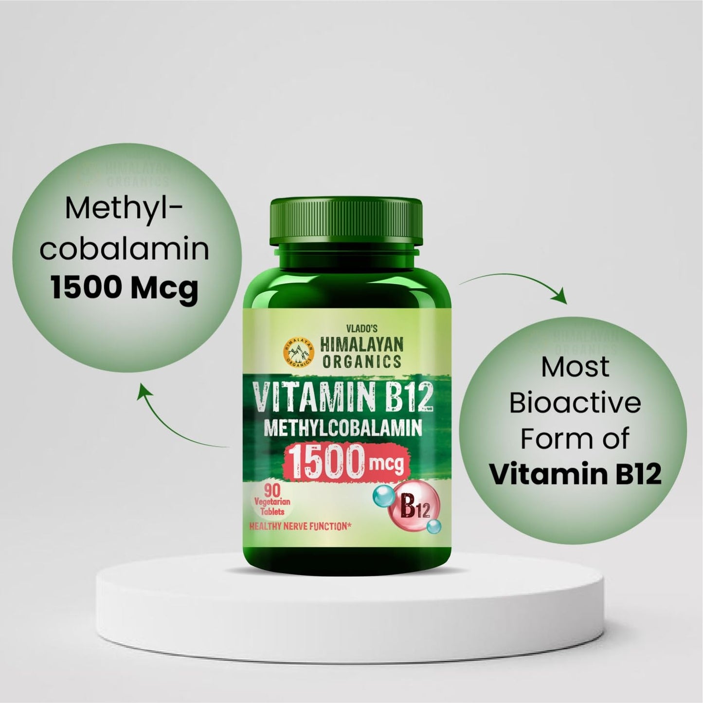Vlado's Himalayan Organics Methylcobalamin Vitamin B12 1500mcg Supplement for Men & Women - 90 Veg Tablets