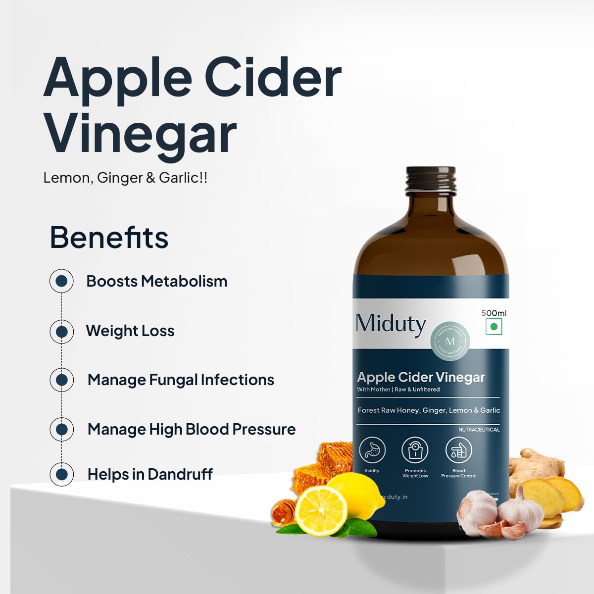Miduty Palak Notes Apple Cider Vinegar | Apple Cider Vinegar supplement | Weight loss Supplement | Apple Cider Vinegar syrup | Digestive enzyme Supplement (Honey, Ginger, Lemon, Garlic)