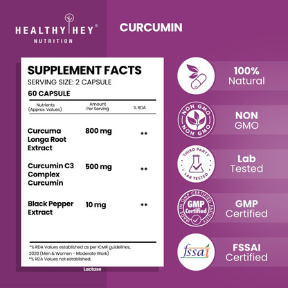 HealthyHey Nutrition Curcumin with Bioperine 1310mg (Ultra Pure) | Organic Turmeric, 60 Vegetable Capsules with Piperine
