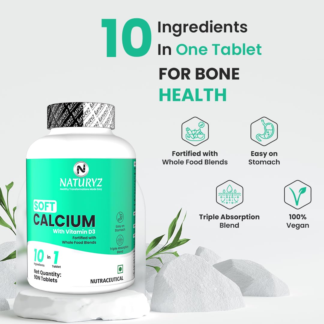 Naturyz Soft Calcium with Plant Vitamin D3 | Highest 10 Nutrients | Easy to Digest | Zinc | Magnesium | Fortified with Whole foods | Faster Absorption Triple Blend | Ideal Supplement for Bone Health & Joint Support - 90 Tablets