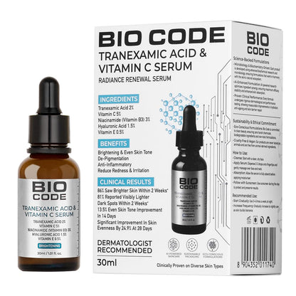Bio Code 2% Tranexamic Acid & 5% Vitamin C Radiance Renewal Serum (30ml) â€“ with 3% Niacinamide, 1.5% Hyaluronic Acid & 0.5% Vitamin E | Dermatologist Recommended