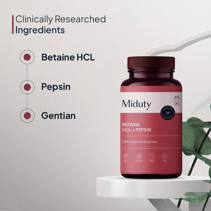 Miduty by Palak Notes Betaine HCL + Pepsin, Betaine HCL Pepsin Capsules Pepsin for Digestion Acidity & Indigestion Betaine HCL Supplement - 60 Capsules